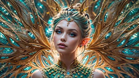 beautiful faerie woman, elf ear, flying, hovering, floating, centered holographic dragonfly wings, balanced wings, glowing blue ...