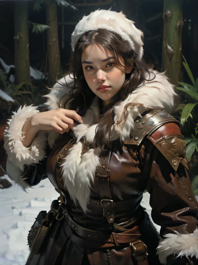 ((masterpiece、highest quality、Very detailed、High resolution、Sharp focus))、The most beautiful dungeons&Dragons artwork、Fantasy Female Dwarf、Short and chubby、Pointed Ears、Red round nose、Winter coat with leather belt around the waist、Leather pouch、White fur hat with earmuffs、Bust Shot、Focus from the chest up、background: Midday Sun、Winter forest、Snow covered ground、wood、oil painting