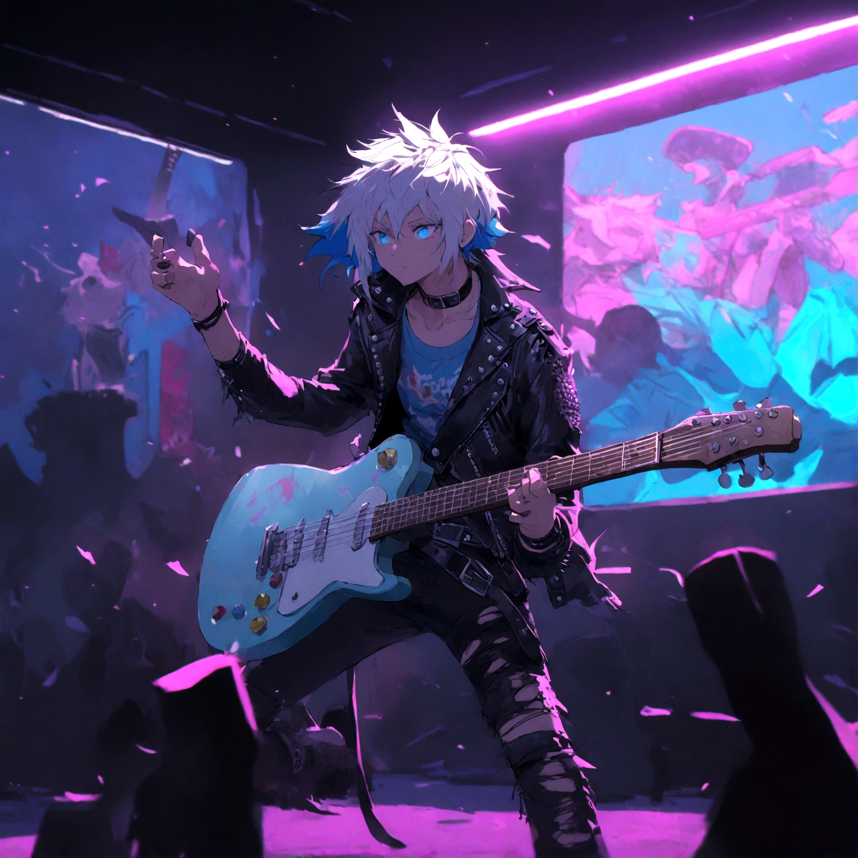 a white wolf with blue eyes wearing a punk outfit playing the lead guitar in a band, has blue mowhawk, has leather patched jacket, wearing torn boots, shredding on guitar, many multi colored neon lights