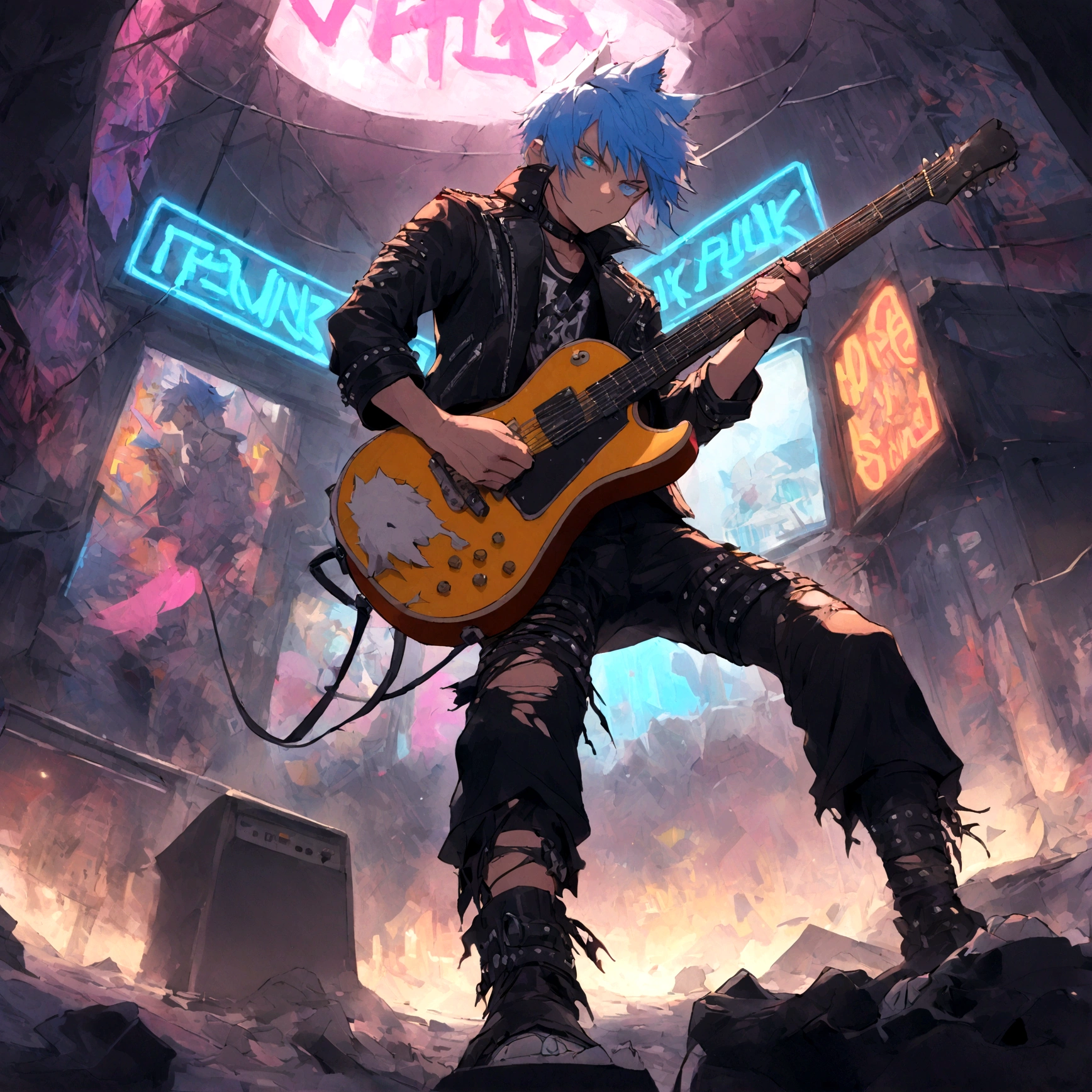 a white wolf with blue eyes wearing a punk outfit playing the lead guitar in a band, has blue mowhawk, has leather patched jacket, wearing torn boots, shredding on guitar, many multi colored neon lights