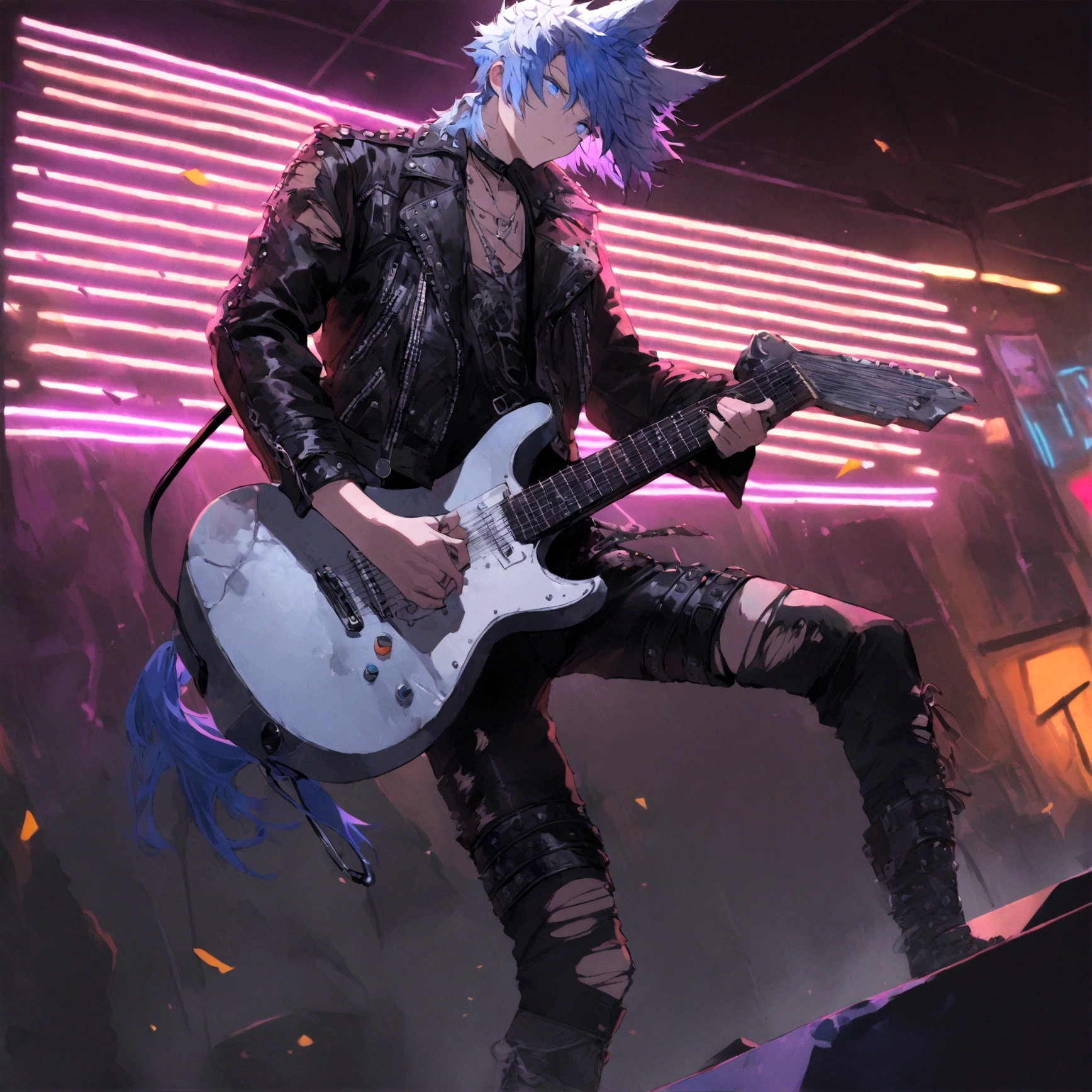 a white wolf with blue eyes wearing a punk outfit playing the lead guitar in a band, has blue mowhawk, has leather patched jacket, wearing torn boots, shredding on guitar, many multi colored neon lights