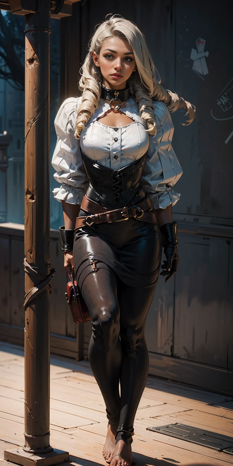 (Masterpiece, best quality, intricate details, 1sologirl) iron collar, arms behind back, iron cuffs, shackles, leather collar choker neck bell, bound ((standing by wooden pole:1.2)) ((female Black Dark skin Gyaru)) show entire body frontal position, feet in view, realistic, gorgeous 16y.o. darkest skinned mixed race female, black African, transparent black pantyhose, legs open, museum,barefoot no shoes, looking to viewer straight symmetrical, white silver long hair