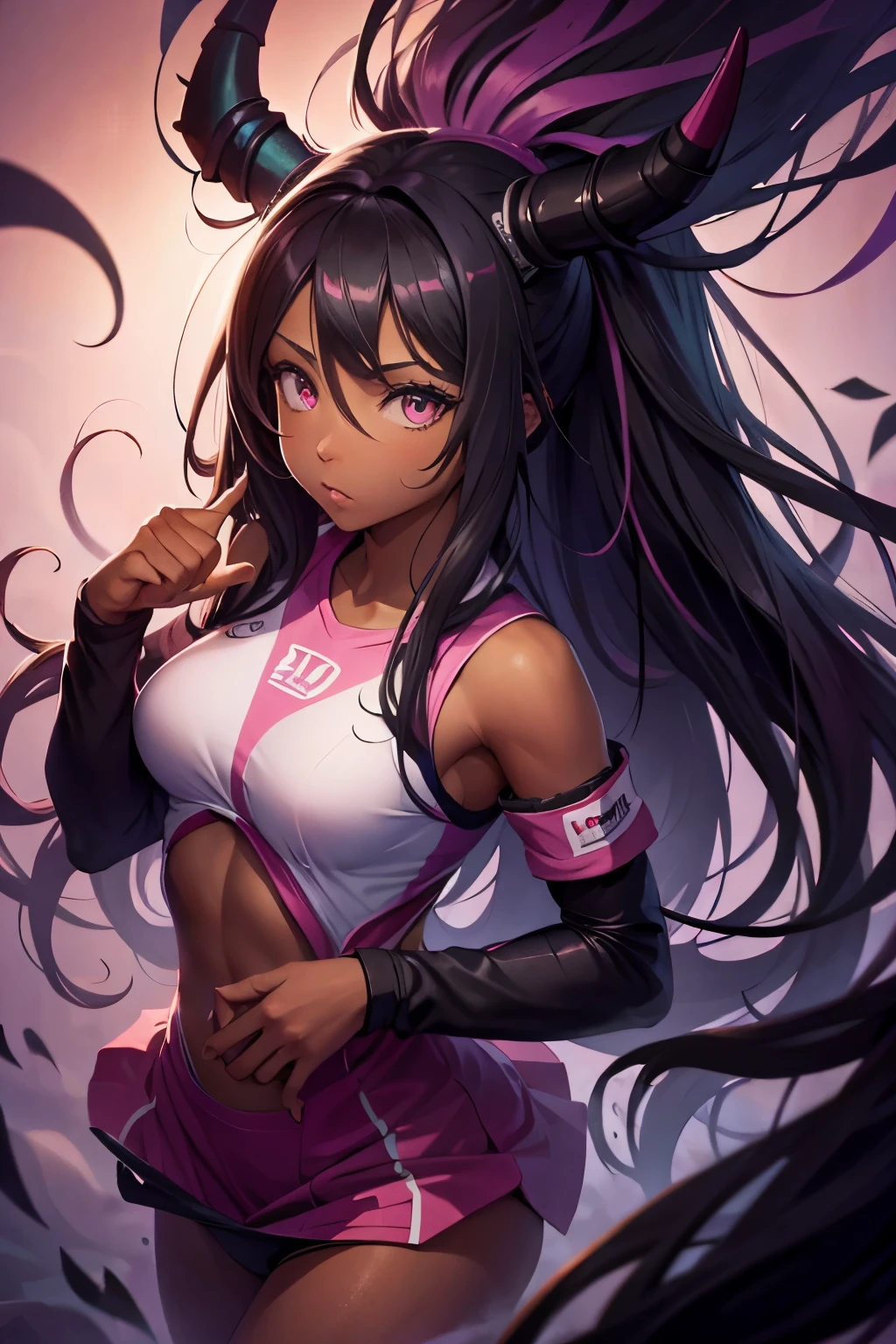 (black skin), pink long hair, soccer uniform, 8k, masterpiece, best quality