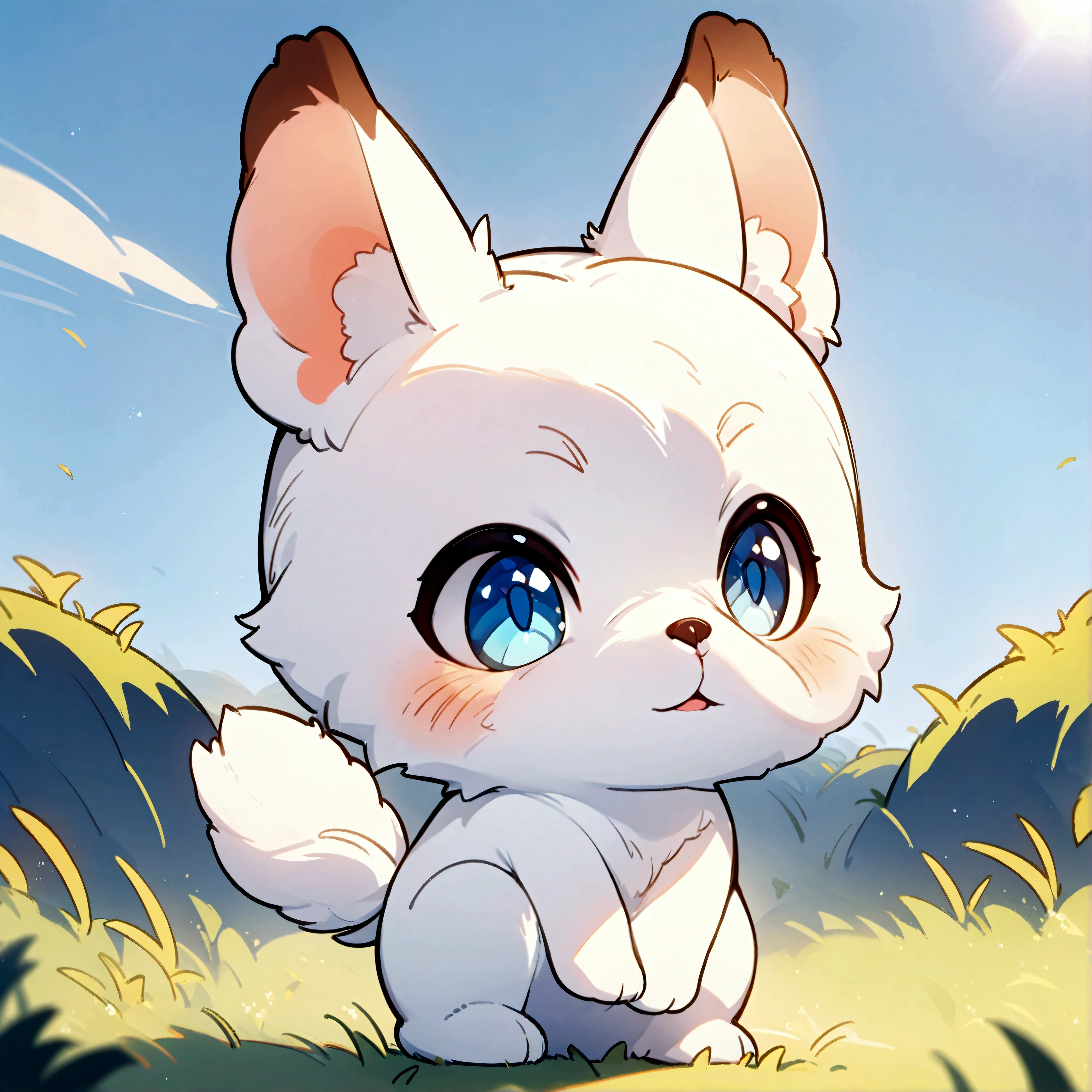 Small cute animals, Small adorable animals, Detailed hairy, Standing on two legs, Animal Ears, Little, No humans, Furry, Face Close Up, grassland, Blue sky, Soft lighting, Shallow depth of field, Digital illustration, 8K, Deformed, Chibi, anime, animeスタイル,