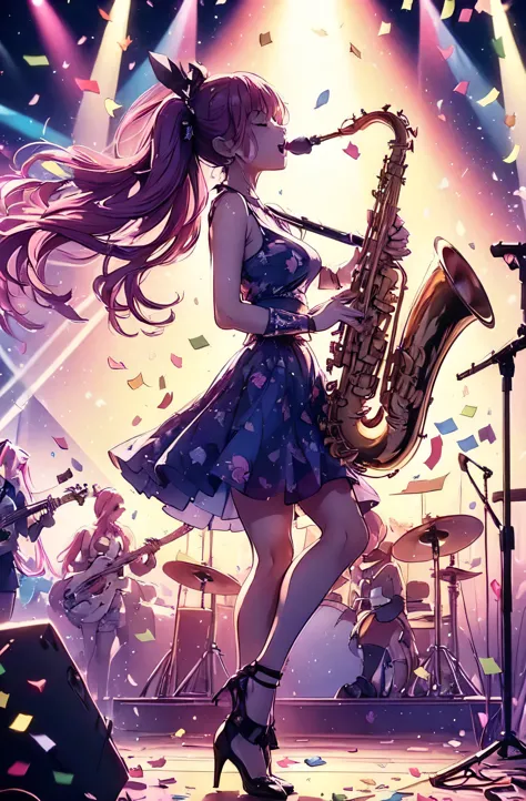 Only one female, (Playing the saxophone), (Dynamic pose), (Stylish clothing), Mature Woman, /(Pink Hair/) bangs, (((Half Twin Ta...