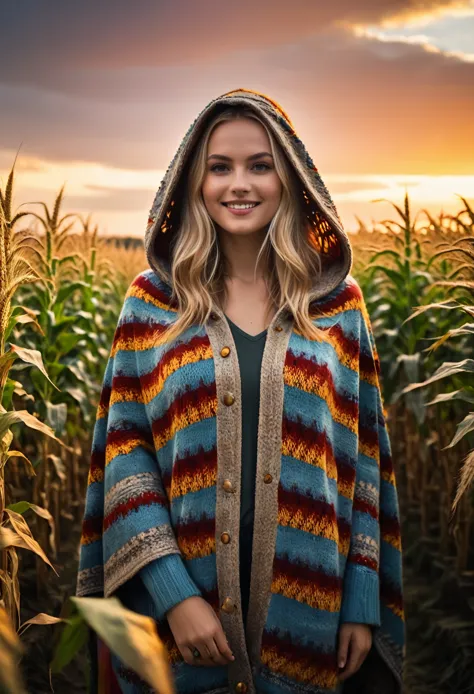 cinematic photo create a vivid description capturing the essence of a slender blond hippy women with wearing a boldly patterned ...