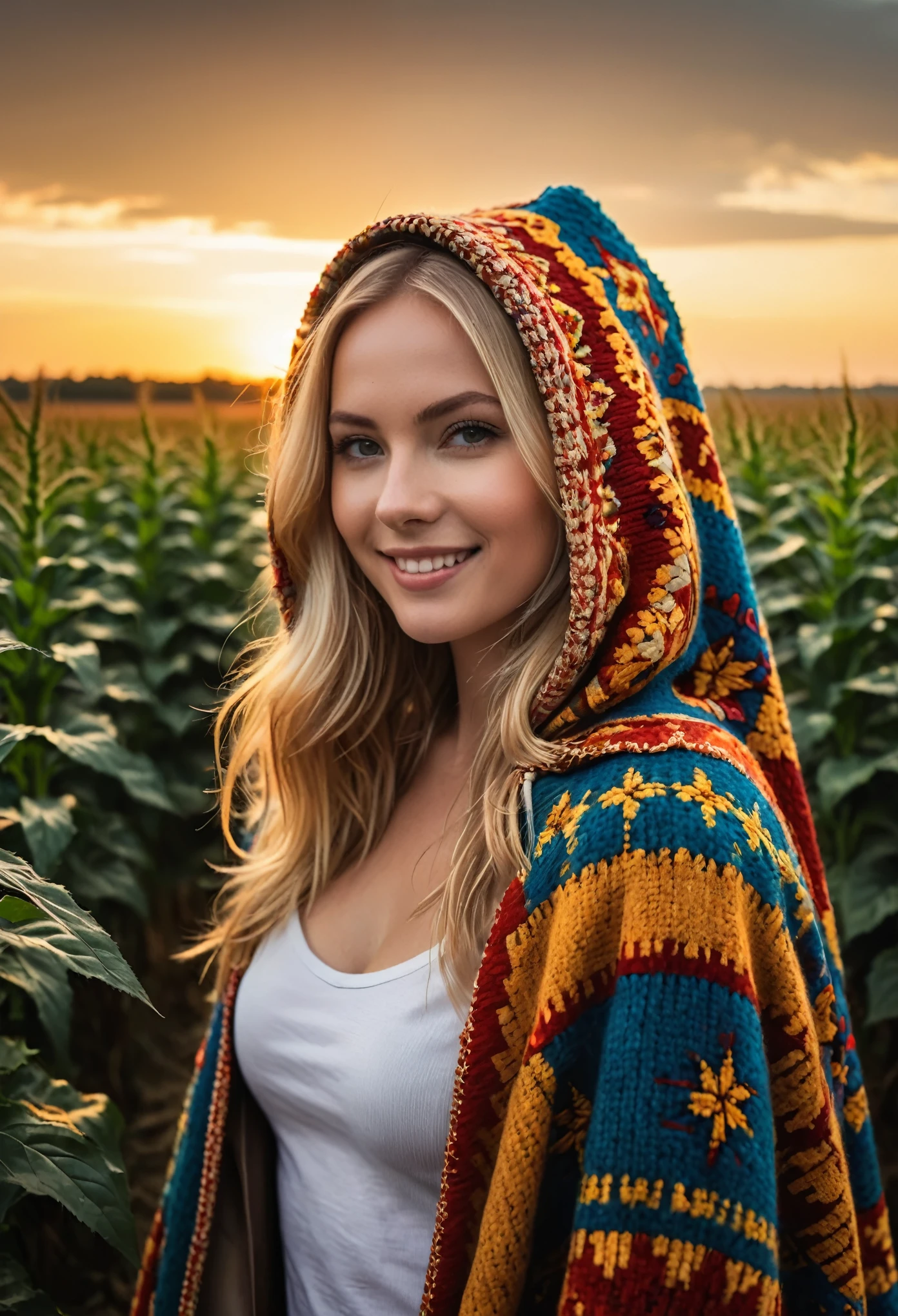 кинематографический photo Create a vivid description capturing the essence of a slender blond hippy women with wearing a boldly patterned chunky knit hooded Cape, Он смотрит прямо в камеру, на фестивальном поле с высоким золотым кукурузным полем. The surreal scene is further enhanced as her long hair seamlessly merges with the яркий background. СЫРОЙ photo, красный закат над ландшафтом, Фотореалистичный, высокодетализированная текстура, 8к ухд, зеркальная камера, мягкое освещение, высокое качество, фильм grain, Fujiфильм XT3, очень подробный photography, (приглушенные цвета, кинематографический, тусклые цвета, успокаивающие тона:1.2), яркий, безумно подробно, гипердетализированный, (темный снимок:1.2), (Вско:0.3), (сложные детали:0.9), (HDR, гипердетализированный:1.2) атмосферная дымка, зернистость, кинематографический фильм still, малая глубина резкости, очень подробный, высокий бюджет, синескоп, капризный, эпический, Общая информация, Великолепный, Винтажное фото 2000-х годов в формате RAW, Фотореалистичный, Скрытая камера, color graded кинематографический, блики для глаз, Атмосферное освещение, поры кожи, недостатки, естественный, мелкая глубина резкости, кинематографический Фотореалистичный, 8к ухд естественный lighting, СЫРОЙ, Богатый, сложные детали, ключевой визуал, Атмосферное освещение, 35-мм фотография, фильм, боке, профессиональный, 4K, очень подробный . 35-мм фотография, фильм, боке, профессиональный, 4K, очень подробный-, улыбается.