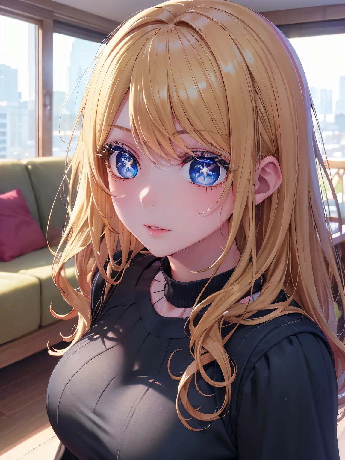 Anime girl with long blonde hair and blue eyes in a living room SeaArt AI
