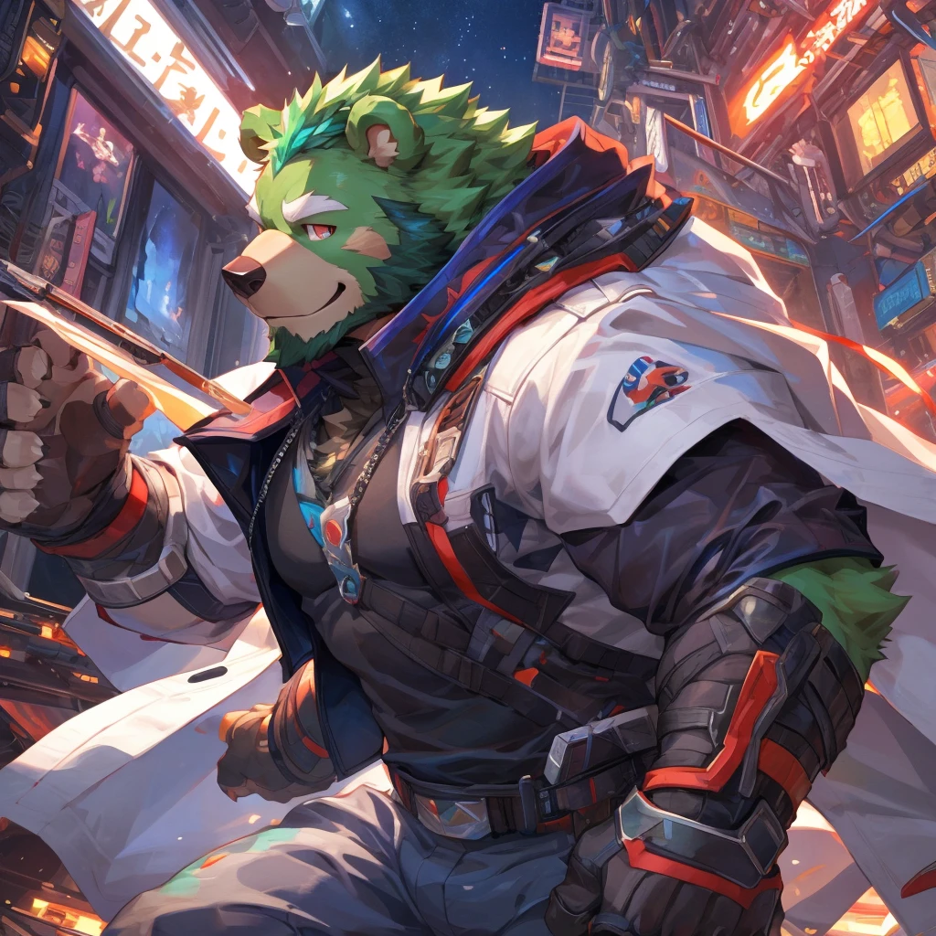 masterpiece, high quality, anime, detailed eyes, male jinpei, anthro, bear, Great physique, strong arms manly, in the Space, Walking in the city, Future city, Casual suit, (((green bear))), (((green fur))), green hair, beard, white eyebrows, bald, detailed red eyes, tall, (Rainbow Spark), Shimmering crystal flower, Joyful, (black t-shirt inside), (((white unhooded trench coat ))), by zixiong, by null-ghost, by pino daeni