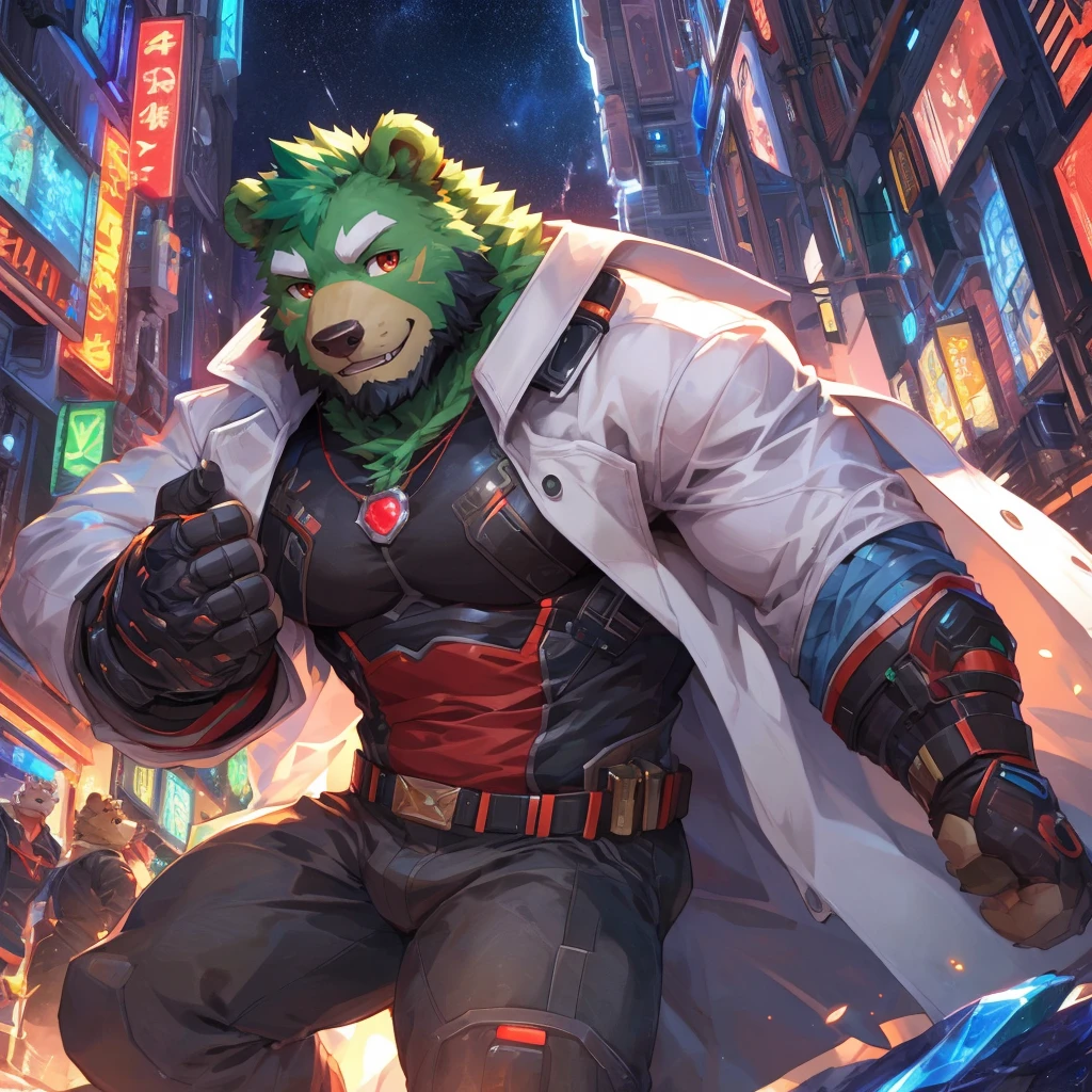 masterpiece, high quality, anime, detailed eyes, male jinpei, anthro, bear, Great physique, strong arms manly, in the Space, Walking in the city, Future city, Casual suit, (((green bear))), (((green fur))), green hair, beard, white eyebrows, bald, detailed red eyes, tall, (Rainbow Spark), Shimmering crystal flower, Joyful, (black t-shirt inside), (((white unhooded trench coat ))), by zixiong, by null-ghost, by pino daeni