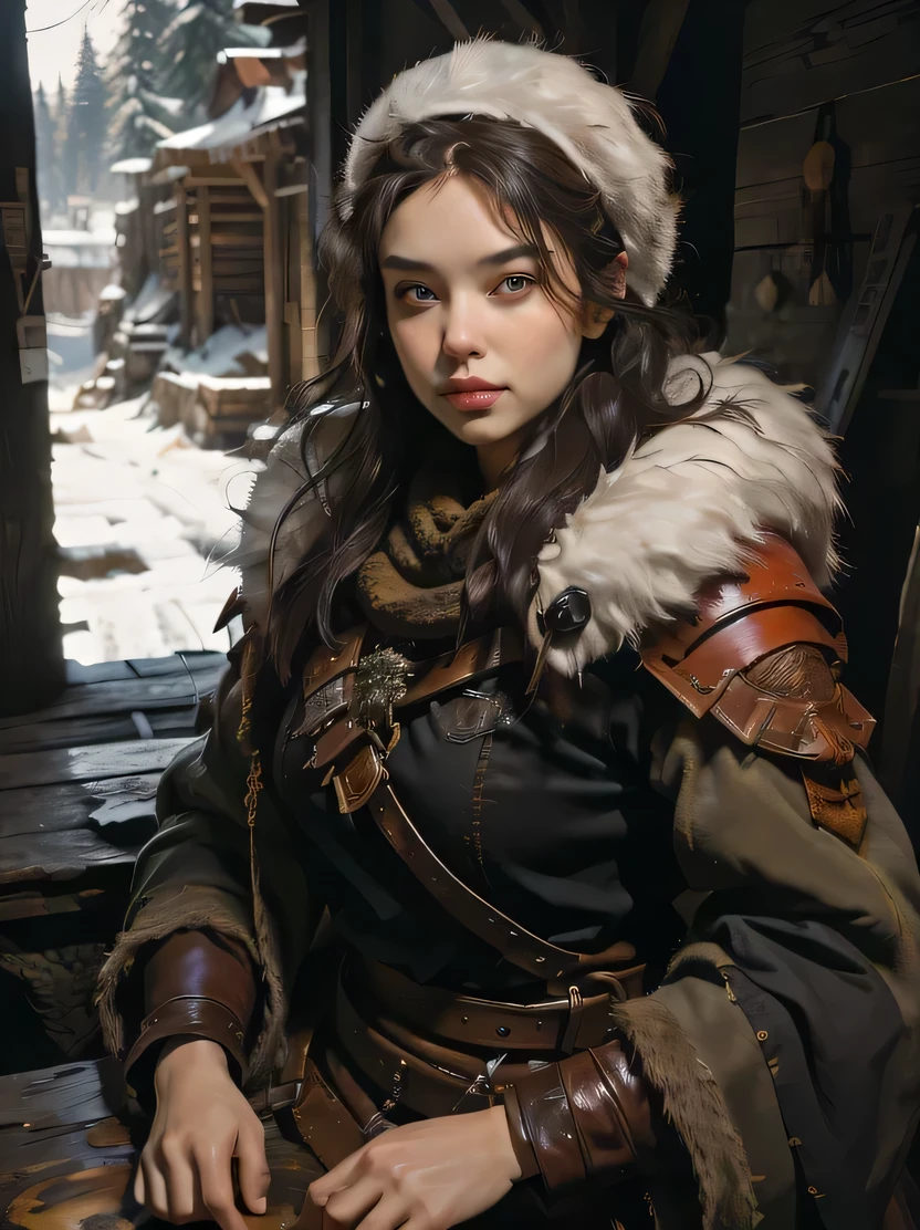 ((masterpiece、highest quality、Very detailed、High resolution、Sharp focus))、The most beautiful dungeons&Dragons artwork、Fantasy Female Dwarf、Short and chubby、Pointed Ears、Red round nose、Winter coat with leather belt around the waist、Leather pouch、White fur hat with earmuffs、Bust Shot、Focus from the chest up、background: Midday Sun、Winter forest、Snow covered ground、wood、oil painting