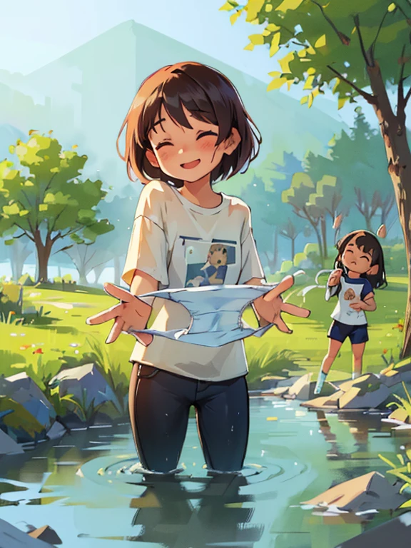 Two Sisters, Oversized T-shirt, Enjoy splashing around in the water in a quiet spot on the riverbank, Showing off her freshly removed wet panties, The sun is long, At the riverPlaying in the water、Splash、Soaking wet clothes，Wet body，Create a serene and picturesque landscape. Surrounded by wildflowers, They set up a comfortable campsite., At the river，Tent available, Small brazier, picnic basket. Their laughter echoes through the quiet valley, The wind gently sways my hair、The scent of nature wafts through the air, They welcome adventure in the great outdoors. They have bright smiles on their faces, Their shared experiences strengthened their bond..,(Cute White Girl Panties:1.2), (Pee stained panties:1.4), (urine stained panties:1.2), Holding,