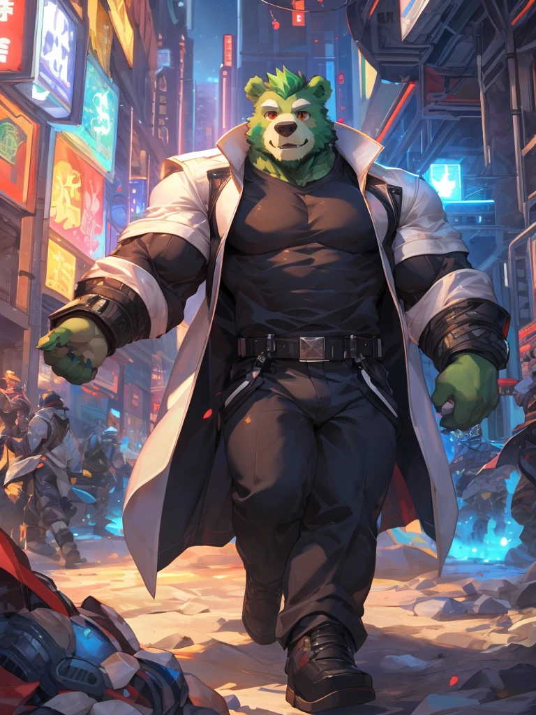 masterpiece, high quality, anime, detailed eyes, male jinpei, anthro, bear, Great physique, strong arms manly, in the Space, Walking in the city, Future city, landscape, Casual suit, (((green bear))), (((green fur))), green hair, beard, white eyebrows, bald, detailed red eyes, tall, (Rainbow Spark), Shimmering crystal flower, Joyful, (black t-shirt inside), (((white unhooded trench coat ))), black trousers, military shoes, by zixiong, by null-ghost, by pino daeni