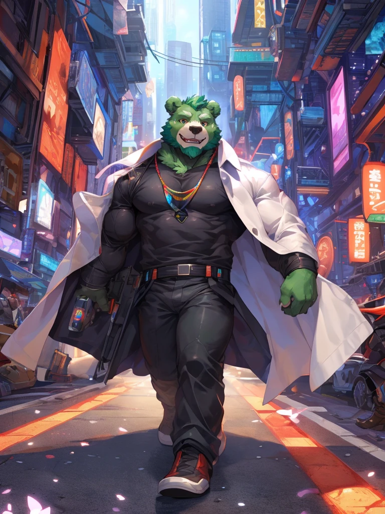 masterpiece, high quality, anime, detailed eyes, male jinpei, anthro, bear, Great physique, strong arms manly, in the Space, Walking in the city, Future city, landscape, Casual suit, (((green bear))), (((green fur))), green hair, beard, white eyebrows, bald, detailed red eyes, tall, (Rainbow Spark), Shimmering crystal flower, Joyful, (black t-shirt inside), (((white unhooded trench coat ))), black trousers, military shoes, by zixiong, by null-ghost, by pino daeni