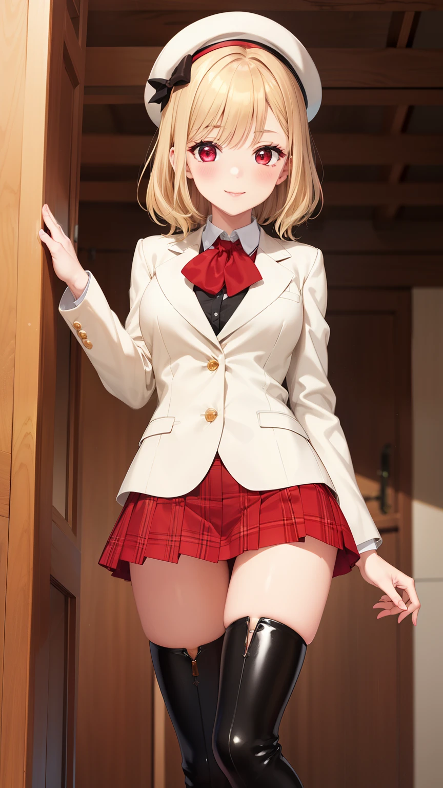 masterpiece, ultra-detailed, illustration, game cg, best quality, highres, kitagawa marin, 1girl, short fluffy blonde hair, swept bangs, gradient hair, red eyes, glossy lips, light smile, blush, medium breasts, hat, red puffy miniskirt, white blazer, red thigh boots, 