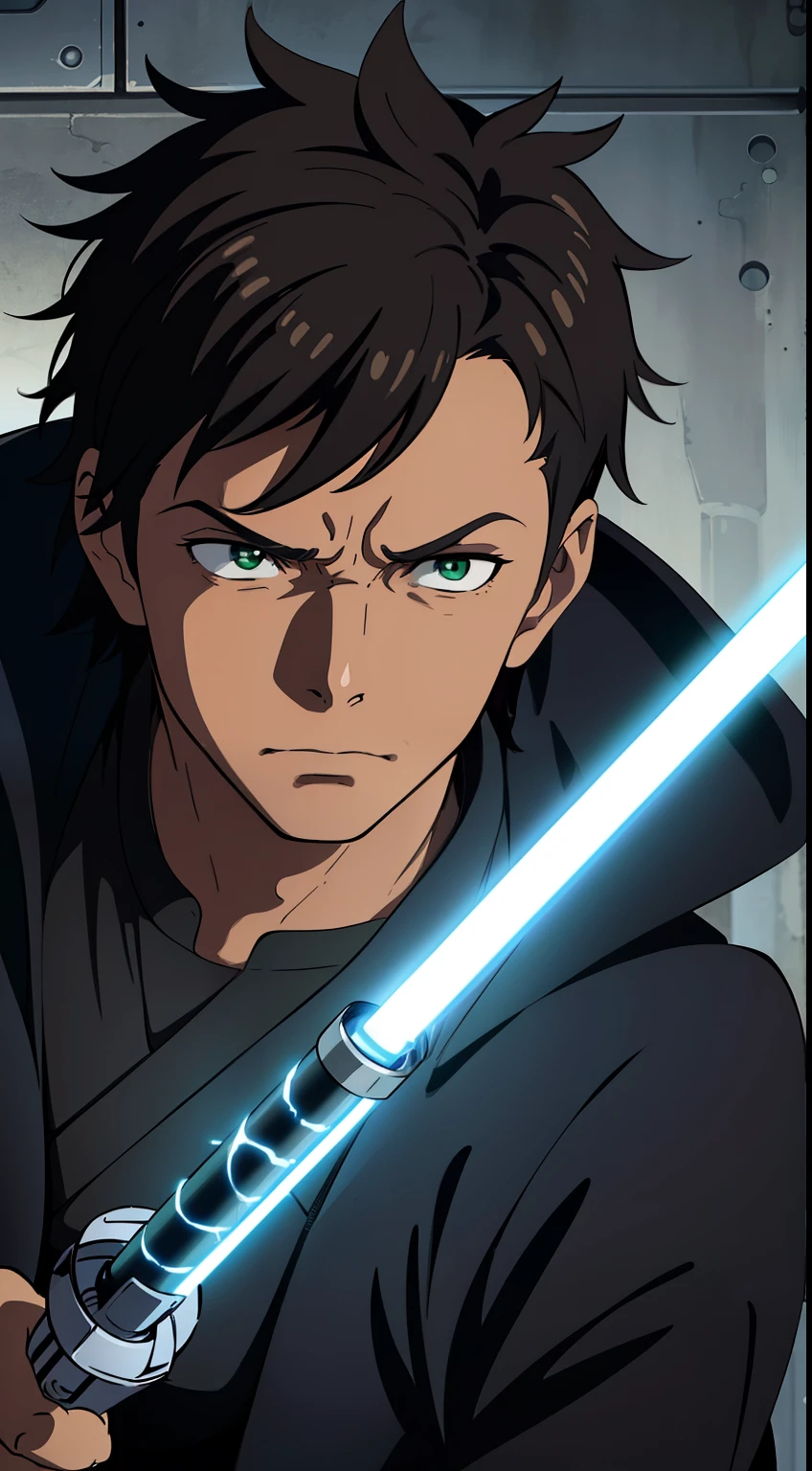 (high-quality, breathtaking),(expressive eyes, perfect face) 1boy, male, solo, portrait halfbody, jedi boy, 1boy, black jedi robes, (orange lightsaber blade color)), short spiky hair, rat tail hairstyle, brown skin, black hair, green eye color, dark green eyes color, ((detailed lightsaber hilt)), ((super detailed lightsaber)), ((HD lightsaber)), ahohge, serious expression, sad face, dark skin, (detailed hands)
