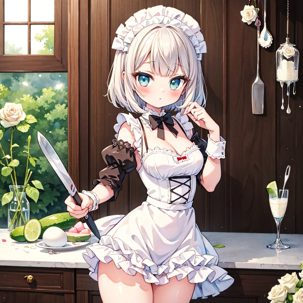 Maid Outfit, beautiful french maid in white latex outfit cutting cucumber in kitchen with knive, pretty face , pretty features, pretty pose, delicate, innocent, pretty kitchen, roses, light, detailed, acrylic, watercolor, royo、Cooking eggs