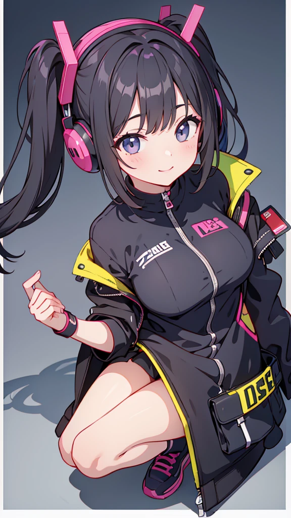 masterpiece,anime style,chibi,sexy girl,black hair,shoulder length hair with two pigtails,black jacket,with headphones,lo fi background,smiling,big breasts,listening to music,waiting on the right side of the image,
