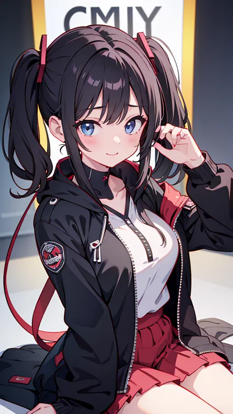 masterpiece,anime style,chibi,sexy girl,black hair,shoulder length hair with two pigtails,black jacket,with headphones,lo fi bac...