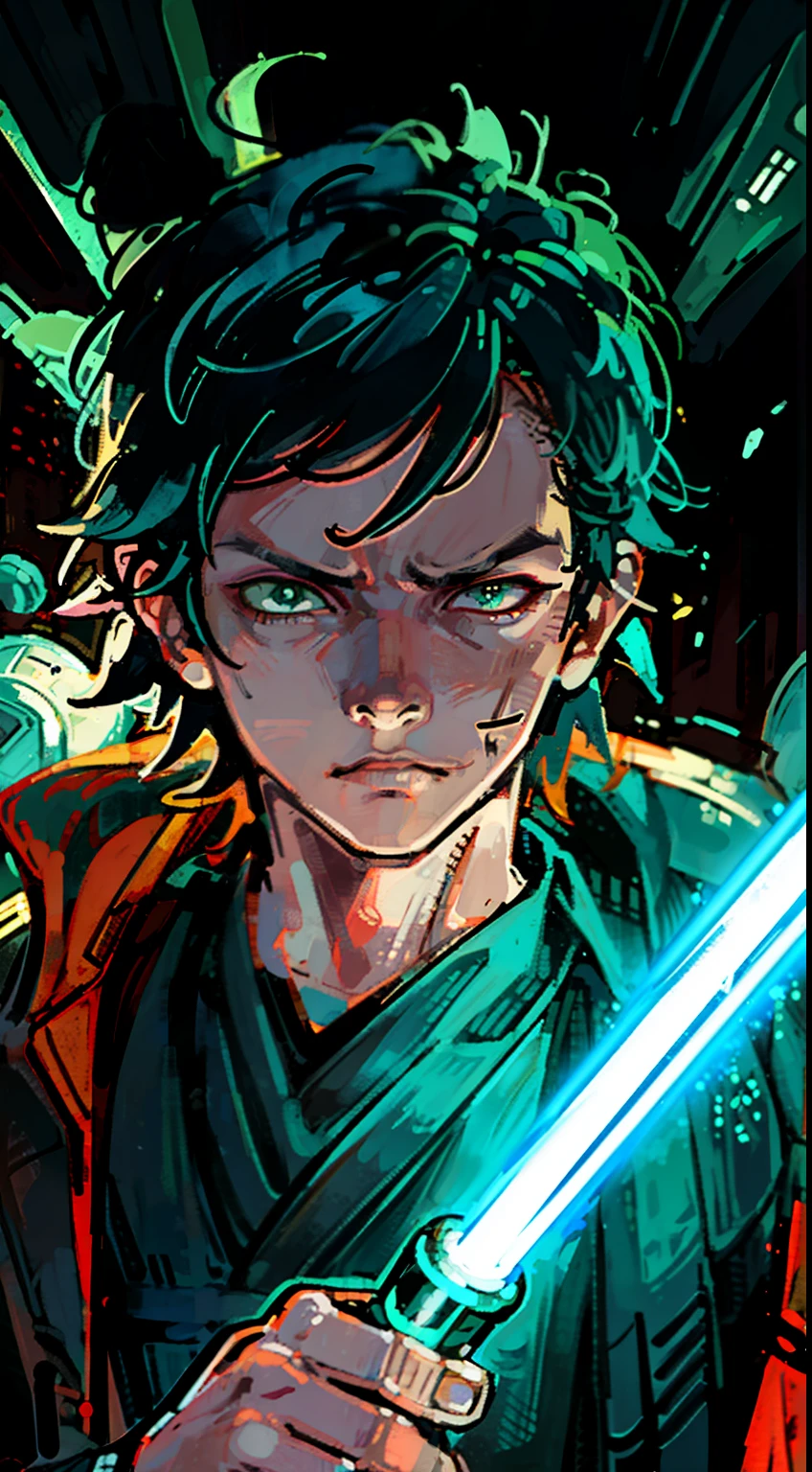 (high-quality, breathtaking),(expressive eyes, perfect face) 1boy, male, solo, young adult, portrait halfbody, jedi boy, black jedi robes, (orange lightsaber blade color)), short spiky hair, rat tail hairstyle, brown skin, black hair, green eye color, dark green eyes color, ((detailed lightsaber hilt)), ((super detailed lightsaber)), ((HD lightsaber)), ahohge, serious expression, sad face, dark skin, (detailed hands), holding lightsaber, star wars
