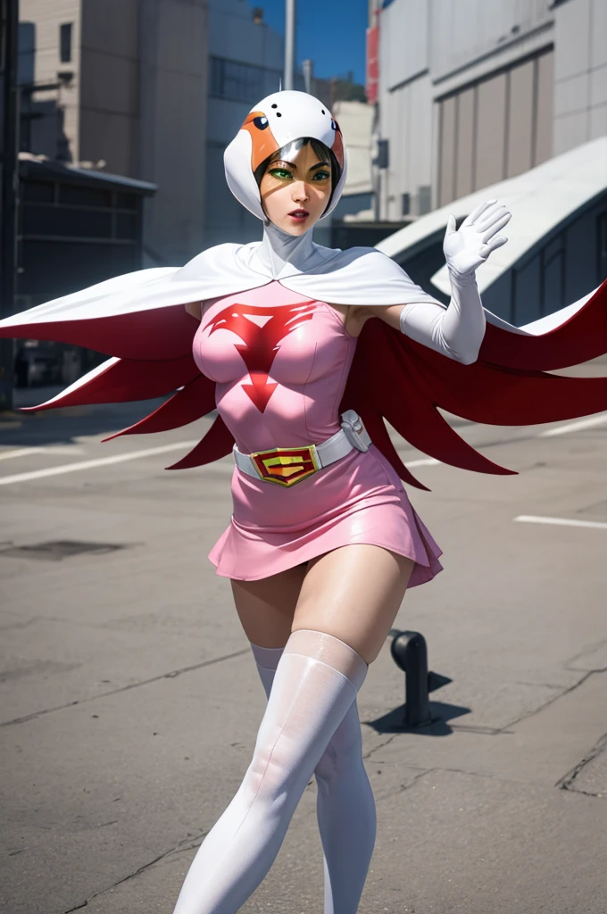 ((masterpiece)),((highest quality)),((High resolution)),((Highly detailed CG Unity 8k wallpaper)), Outdoor, Day, Upper Body, View Viewer, alone, Concentrated, break, 
Year_Classic_Jun_Gatchaman_My Waifu, Jun the swan, 
One girl, chest, lips, medium chest, large chest, Green Eyes, lipstick, compensate, eyelash, eye shadow,
visor, Helmet, Cape, Elbow hand pockets, Knee socks, belt, White gloves, zettai ryouiki, mask, skirt, White legwear, Superhero, leotard, Spacesuit, Pink Dress, white Cape,  pink leotard, pink skirt, Short dress,
