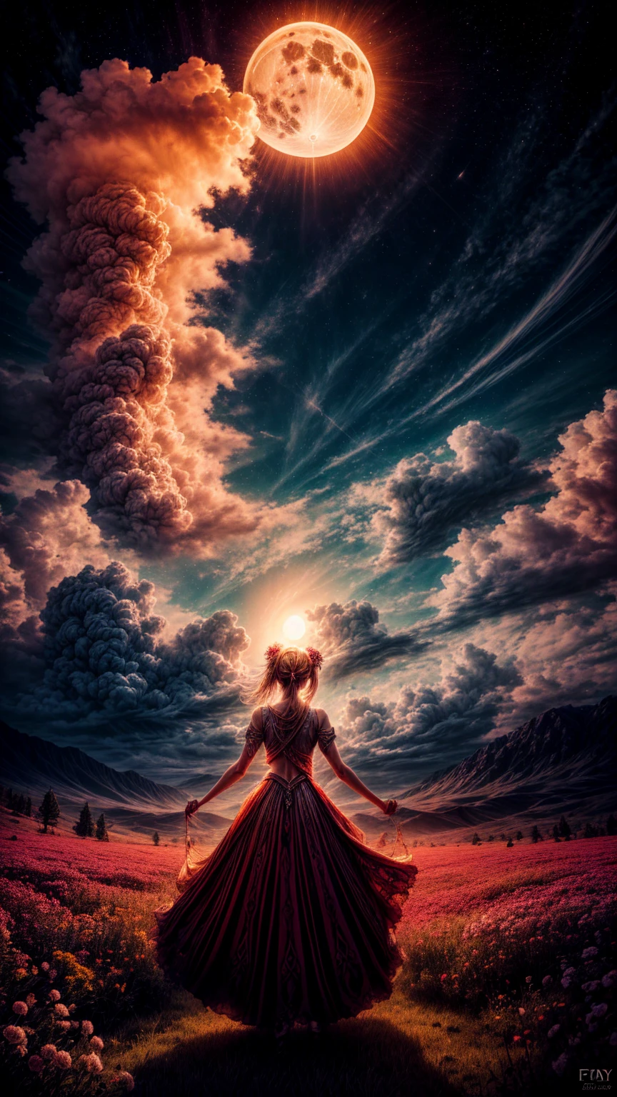 "((fantasy art)) featuring an alien girl, immersed in a heavenly symphony, clouds turn into bright splashes, flowers are scattered, like notes in the wind, visual orchestration of color and wonder" night , full moon