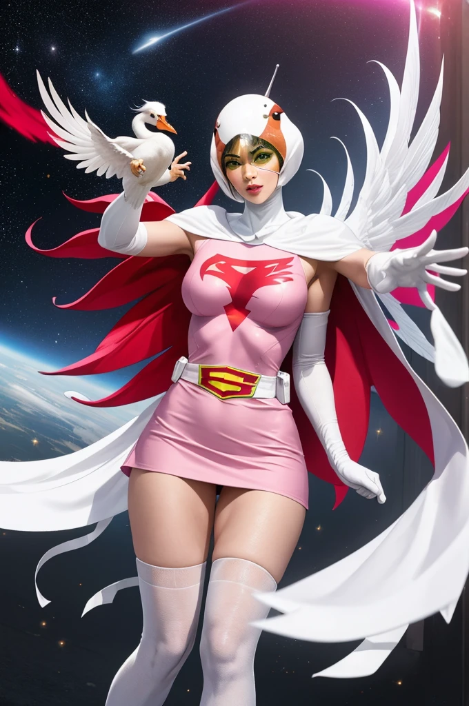 ((masterpiece)),((highest quality)),((High resolution)),((Highly detailed CG Unity 8k wallpaper)), Outdoor, Day, Upper Body, View Viewer, alone, Concentrated, break, 
Year_Classic_Jun_Gatchaman_My Waifu, Jun the swan, 
One girl, chest, lips, medium chest, large chest, Green Eyes, lipstick, compensate, eyelash, eye shadow,
visor, Helmet, Cape, Elbow hand pockets, Knee socks, belt, White gloves, zettai ryouiki, mask, skirt, White legwear, Superhero, leotard, Spacesuit, Pink Dress, white Cape,  pink leotard, pink skirt, Short dress,
