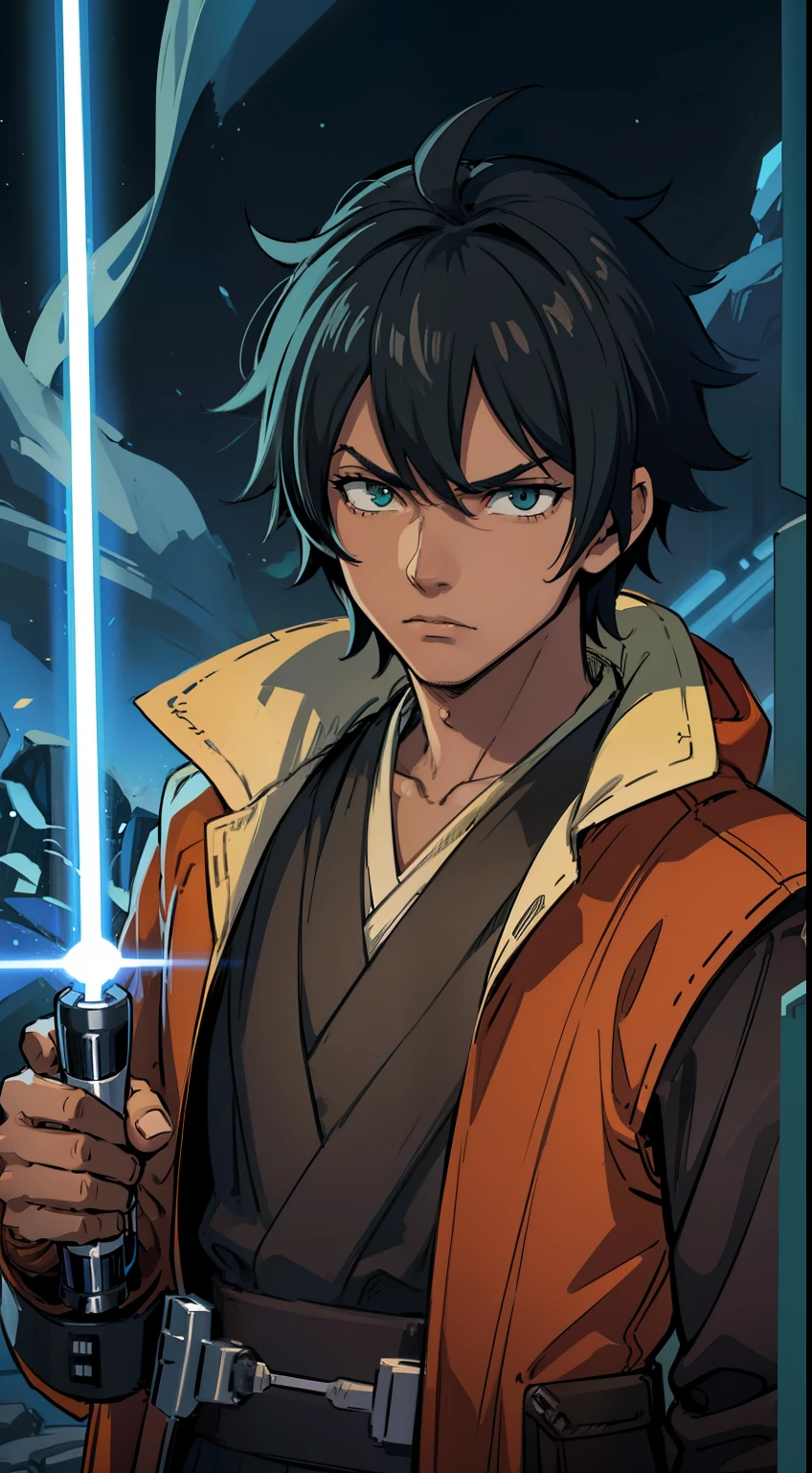 (high-quality, breathtaking),(expressive eyes, perfect face) 1boy, male, solo, young adult, portrait halfbody, jedi boy, black jedi robes, (orange lightsaber blade color)), short spiky hair, rat tail hairstyle, brown skin, black hair, green eye color, dark green eyes color, ((detailed lightsaber hilt)), ((super detailed lightsaber)), ahohge, serious expression, sad face, dark skin, (detailed hands), holding lightsaber, star wars
