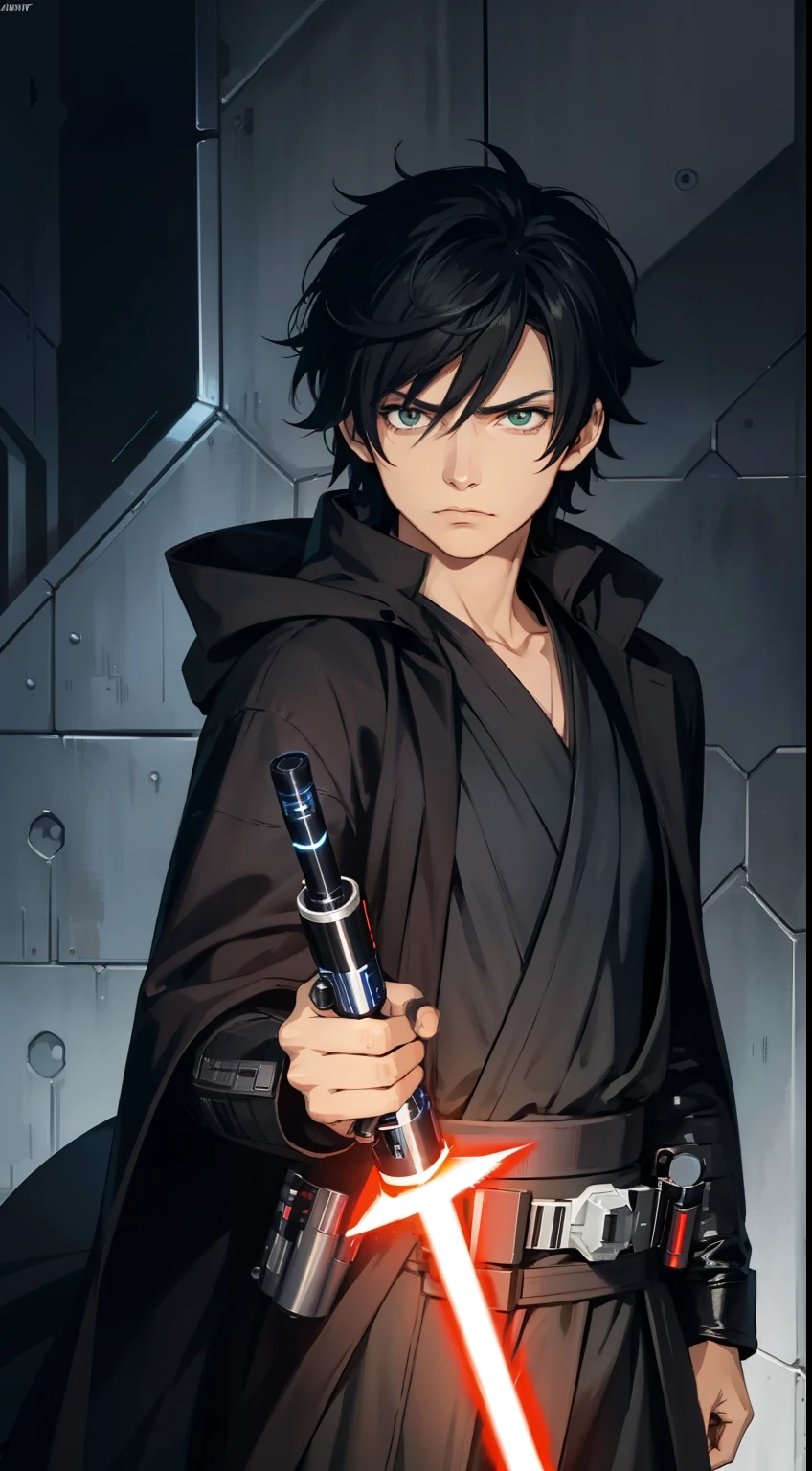 (high-quality, breathtaking),(expressive eyes, perfect face) 1boy, male, solo, young adult, portrait halfbody, jedi boy, black jedi robes, (orange lightsaber blade color)), short spiky hair, rat tail hairstyle, brown skin, black hair, green eye color, dark green eyes color, ((detailed lightsaber hilt)), ((super detailed lightsaber)), ahohge, serious expression, sad face, dark skin, (detailed hands), holding lightsaber, star wars
