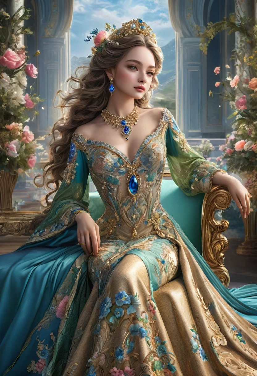 (highest quality, High resolution, masterpiece:1.2), Super detailed, (Realistic, Realistic, Photorealistic:1.37), Portraiture, Creative style artwork, historic, Classic, Sophisticated, Variety of colors, Very detailed, Luxurious surroundings, Detailed gown, Bright flowers, Elaborate jewelry, Mysterious atmosphere, Graceful pose, Graceful curves, Gold Body Proportion, Flowing hair, Breathtaking textile patterns, blue, green, Delicate floral decoration, A stunning array of crystal accessories, Mysterious and dreamy atmosphere, Perfect attention to detail., Soft lighting, 8k, textured skin, high details, masterpiece