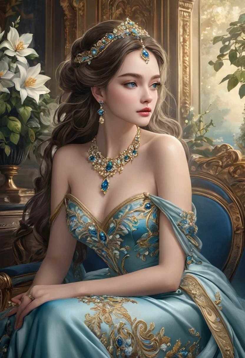 (highest quality, High resolution, masterpiece:1.2), Super detailed, (Realistic, Realistic, Photorealistic:1.37), Portraiture, Creative style artwork, historic, Classic, Sophisticated, Variety of colors, Very detailed, Luxurious surroundings, Detailed gown, Bright flowers, Elaborate jewelry, Mysterious atmosphere, Graceful pose, Graceful curves, Gold Body Proportion, Flowing hair, Breathtaking textile patterns, blue, green, Delicate floral decoration, A stunning array of crystal accessories, Mysterious and dreamy atmosphere, Perfect attention to detail., Soft lighting, 8k, textured skin, high details, masterpiece