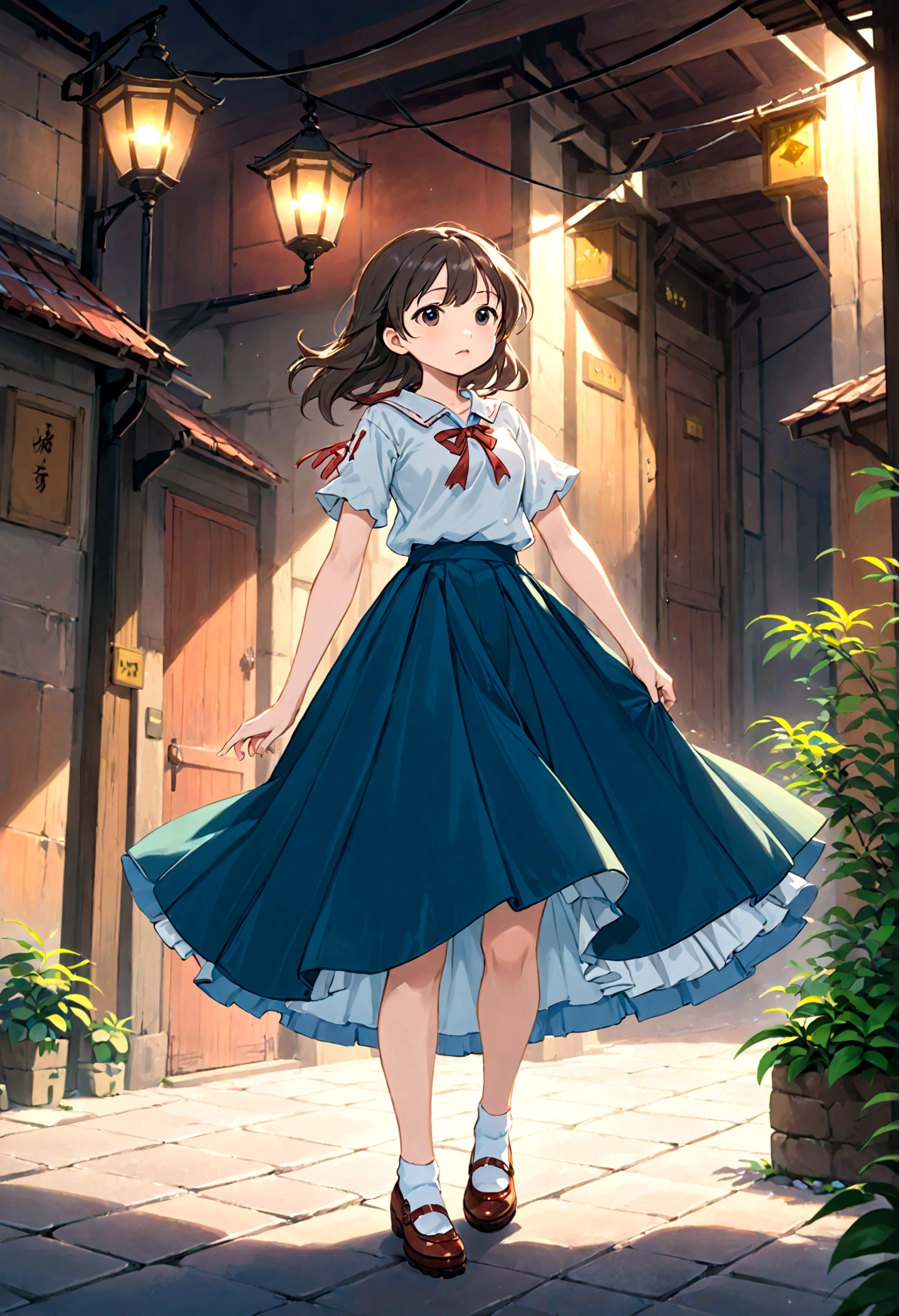 Low - Angle、Long skirt、強WindでHolding the flipping skirt with your hand、強WindでWhite cotton pantiesが見えている、:((Holding the flipping skirt with your hand))Low - Angle8Kで、highest quality、masterpiece、Ultra-detailed、Ultra-high resolution、Anime Style、1. High school girl、強Wind、((Holding the flipping skirt with your hand))、(impatient)White cotton panties:1.5), (Wind:1.25), (highest quality:1.0), (masterpiece:1.0), (Ultra-fine illustrations:1.0), ネイビーブルーのLong skirt、
、Lined、