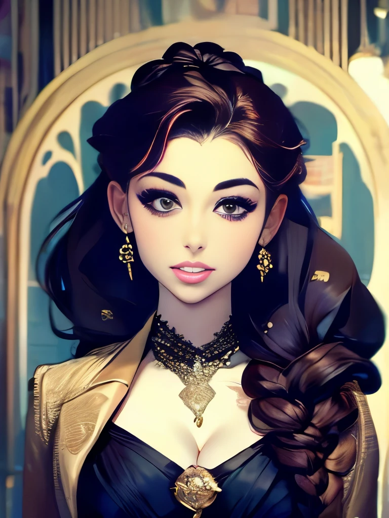 woman with long hair in a black dress and a brown jacket, a portrait inspired by Hermione Hammond, tumblr, art nouveau, long braided curly brown hair, braided brown hair, gorgeous kacey rohl, her wardrobe is attractive, olivia culpo as milady de winter, beautiful stella maeve magician, long dark braided hair, her hair is in a pony tail