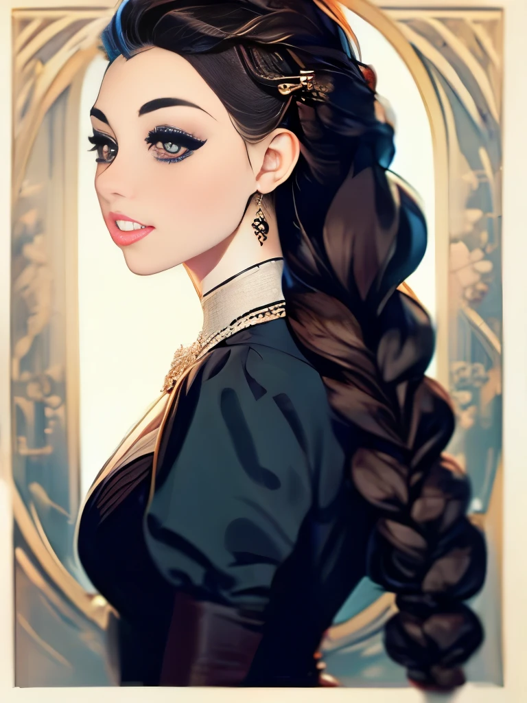 woman with long hair in a black dress and a brown jacket, a portrait inspired by Hermione Hammond, tumblr, art nouveau, long braided curly brown hair, braided brown hair, gorgeous kacey rohl, her wardrobe is attractive, olivia culpo as milady de winter, beautiful stella maeve magician, long dark braided hair, her hair is in a pony tail