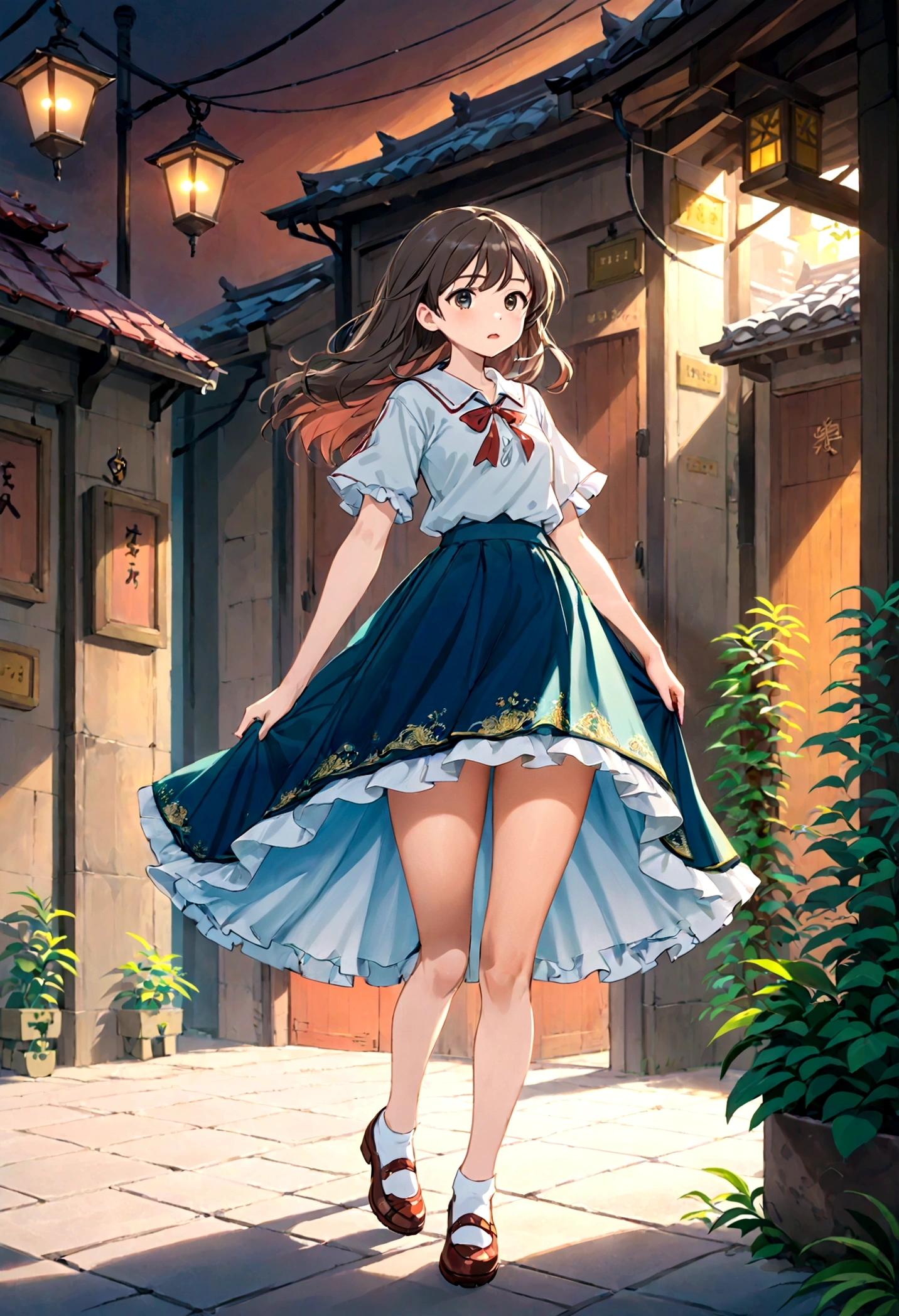 A skirt puffed up by the strong wind、、Skirt that is flipped、Trailing behind、
裏地がI can see it　、White lining、I can see it、Anime White Panties、Crotch is visible

