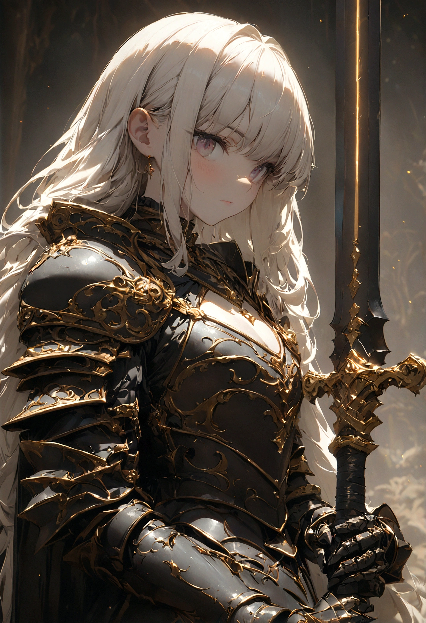 ８k、Masterpiece、Royal Knights，The entire body is covered in luxurious heavy armor with gold engravings on a black enamel base.，Point the knight's sword at the sky，Sports Late，Cleavage close-up，Solemn，Flat Chest，moderate，Humble，Cinematic, High resolution, original, complicated, high quality, Gorgeous shades, complicated details, Ultra-fine，OC Rendering