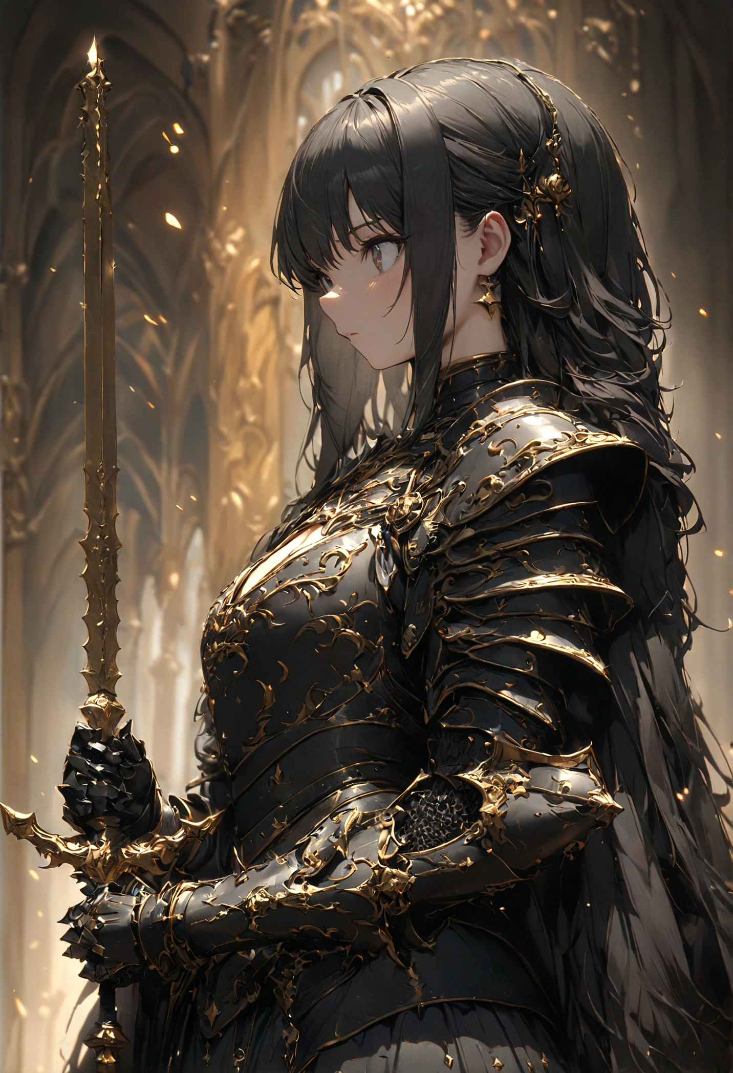 ８k、Masterpiece、Royal Knights，The entire body is covered in luxurious heavy armor with gold engravings on a black enamel base.，Point the knight's sword at the sky，Sports Late，Cleavage close-up，Solemn，Flat Chest，moderate，Humble，Cinematic, High resolution, original, complicated, high quality, Gorgeous shades, complicated details, Ultra-fine，OC Rendering