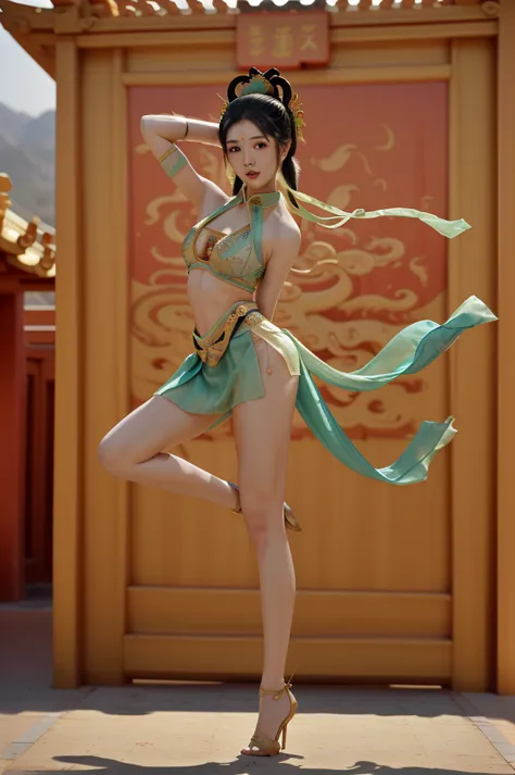 best quality, 8k, highly detailed face and skin texture, high resolution, sexy chinese girl in sexy dunhuang costume dancing in ...