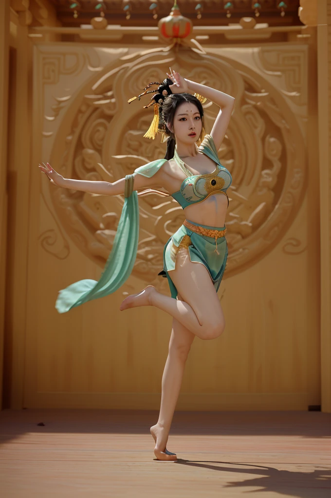 best quality, 8k, highly detailed face and skin texture, high resolution, big tits chinese girl in dunhuang costume dancing in dunhuang temple, full body, sharp focus