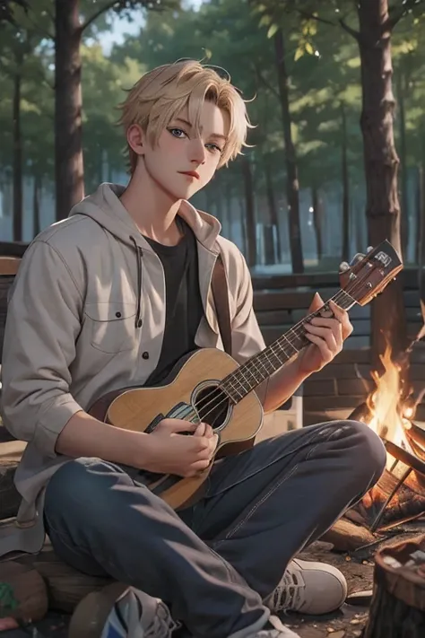 Create a british blond 16 year old male with grey Blue eyes beeinflusst completely high on weed sitting next to a campfire playi...