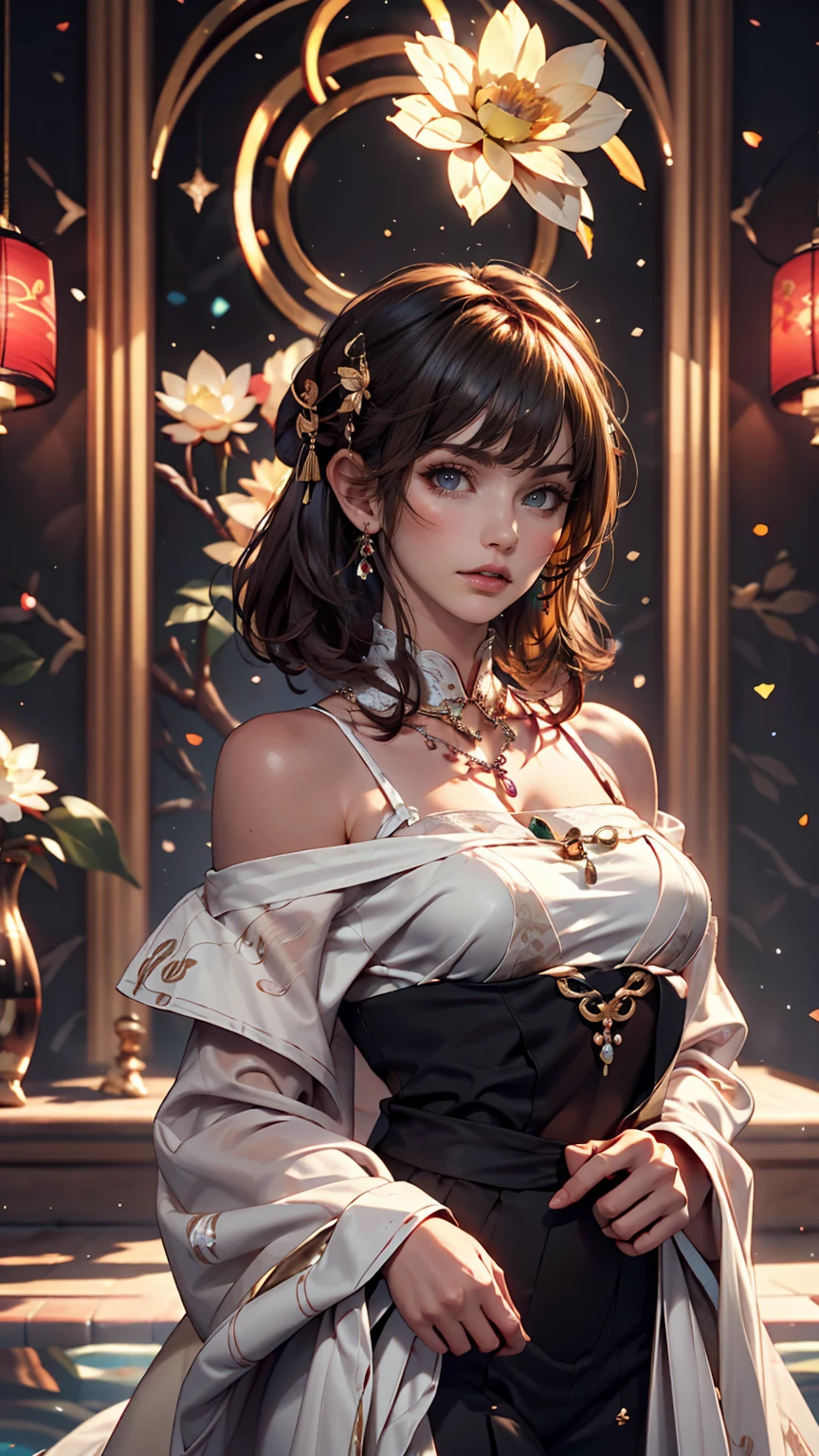 Great quality, masterpiece, High Resolutiupon, One girl, blush, (Captivating smile: 0.8), Star Student, Chinese Hanfu Lilac, hair accessory, necklace, jewelry, beauty, upon_body, Tyndall effect, realism, Lotus Pupond, Light Edge, Two-tupone Lighting, (Skin with attention to detail: 1.2), 8k UHD, Digital SLR, Soft Light, high quality, Volumetric lighting, snapshot, High Resolutiupon, 4K, 8k, Background blur