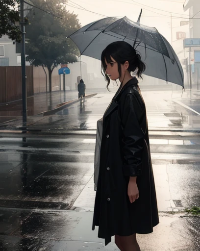 Spectacular and realistic, Girl Standing in the Rain, on the road, Rutkowski, Rim Light, Maximum details, (Natural skin texture, Hyperrealism, Soft Light, Calm colors), background