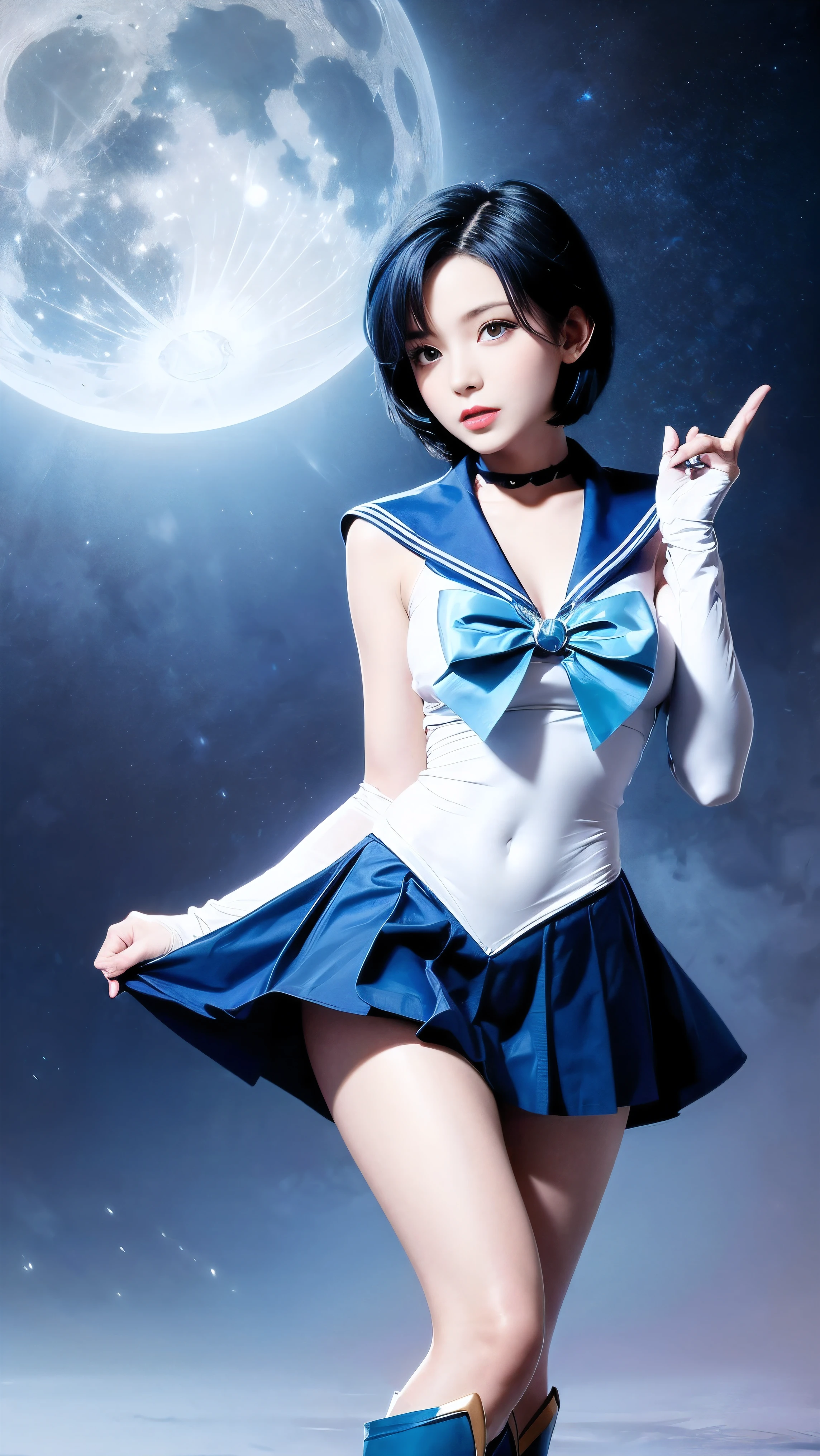 short blue dyed hair!!!!!, Must have short blue hair. anime girl in a sailor suit and blue boots and blue short skirt”, high resolution!! sailor moon by the - moon - girl, the sailor Mercury. beautiful, by Sailor Moon, extremely detailed artgerm