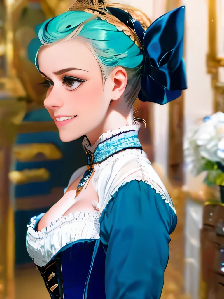 arafed woman in a blue dress with a bow and a white blouse, a character portrait by Louise Catherine Breslau, trending on cgsociety, rococo, in victorian aristocrat, a beautiful victorian woman, intricate victorian dress, with victorian clothing, cyan corset, victorian style costume, gorgeous portrait, blue corset, ornately dressed, victorian blue dress