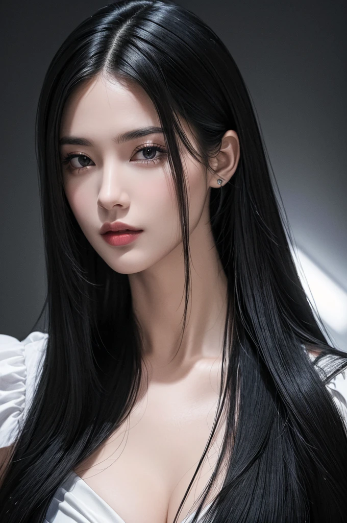 (best quality:1.4),(masterpiece:1.4),(photorealistic:1.4),(ultra high res, raw photo:1.4),(hdr, hyperdetailed:1.2),close up, 1woman,(black long straight hair:1.4), close up, model effect, dark void