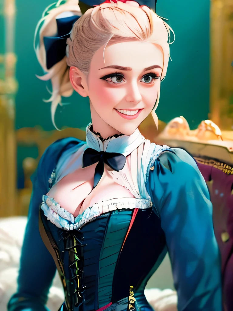 Arafed Frau in einem blauen Kleid mit einer Schleife und einer weißen Bluse, ein Charakterporträt von Louise Catherine Breslau, Trends bei CGSociety, Rokoko, im viktorianischen Aristokraten, eine schöne viktorianische Frau, kompliziertes viktorianisches Kleid, mit viktorianischer Kleidung, cyan corset, Kostüm im viktorianischen Stil, wunderschönes Porträt, blaues Korsett, kunstvoll gekleidet, viktorianisches blaues Kleid