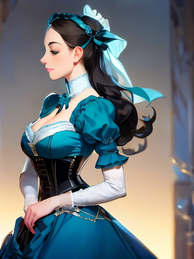 arafed woman in a blue dress with a bow and a white blouse, in victorian aristocrat, a beautiful victorian woman, intricate victorian dress, with victorian clothing, cyan corset, victorian style costume, gorgeous portrait, blue corset, ornately dressed, victorian blue dress, victorian lady, fantasy victorian art, a steampunk beautiful goddess, victorian inspired clothing