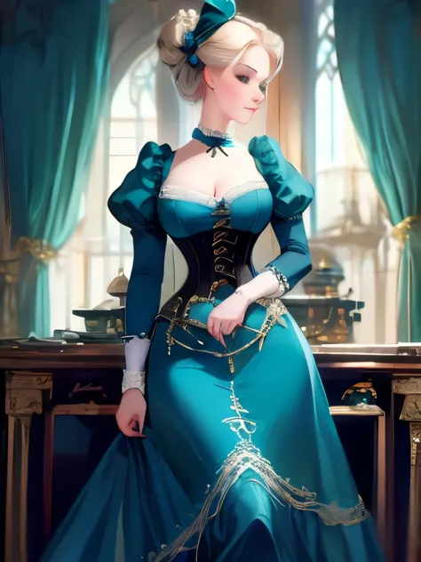 arafed woman in a blue dress with a bow and a white blouse, in victorian aristocrat, a beautiful victorian woman, intricate vict...