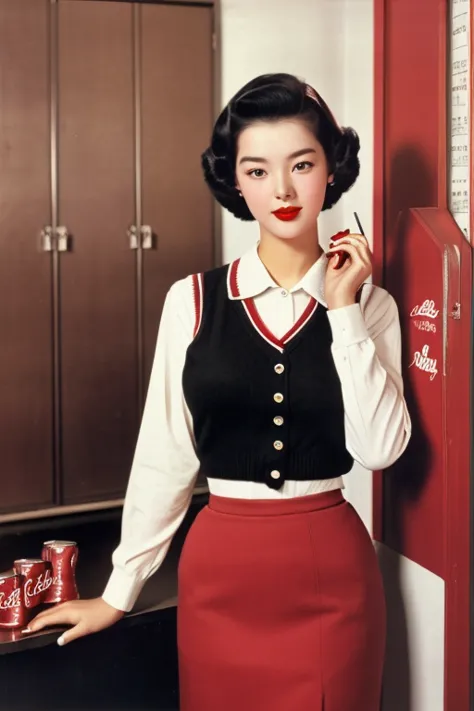 1952, Seoul, (1 korean young girl), Coca Cola Advertisement, sweater vest, pencil skirt, storage room , Coke Girl, (big breasts,...