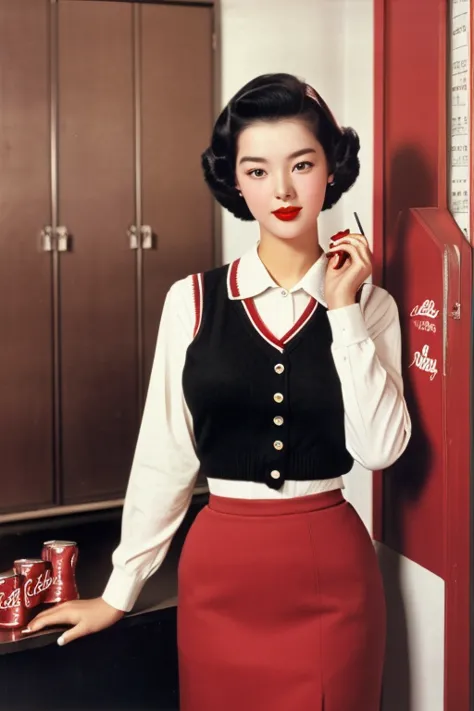 1952, seoul, (1 korean young girl), coca cola advertisement, sweater vest, pencil skirt, storage room , coke girl, (big breasts,...